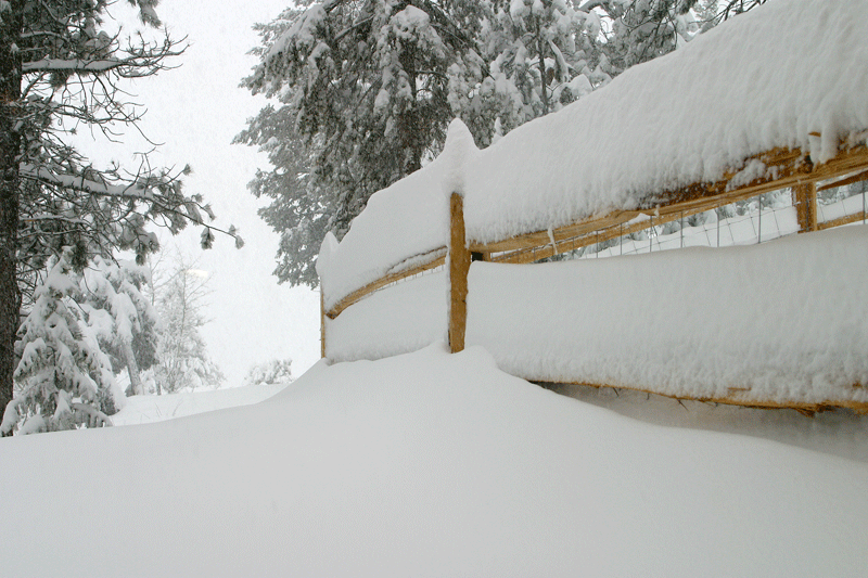 A thick layer of snow on a fence