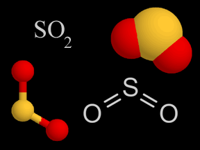 Four representations chemists use for sulfur dioxide. In the models, the atom in the middle is sulfur and the other two atoms are oxygen.