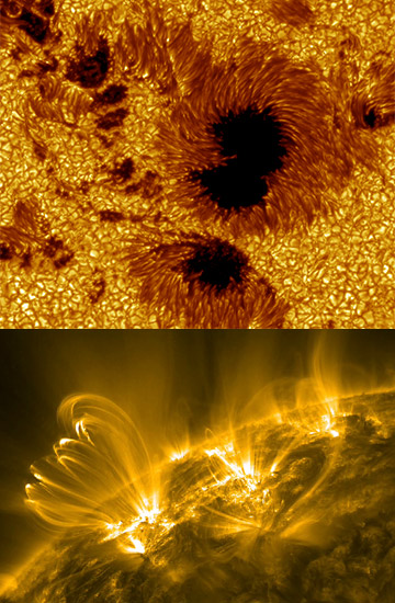 Solar Active Regions: Sunspots on the left and UV image of the Sun on the right