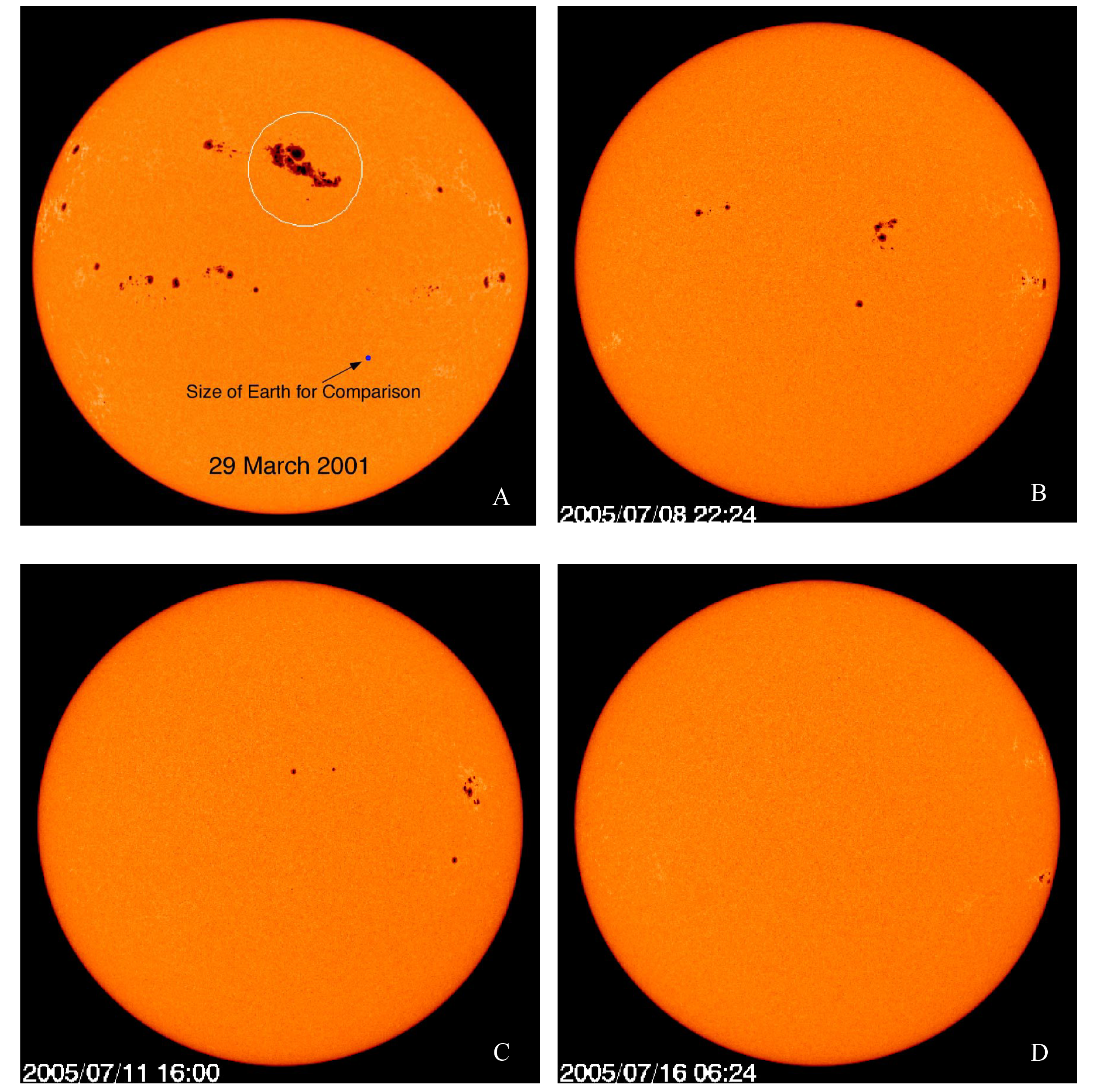 This is four images of the Sun, all taken in 2005, that show the changing number and location of sunspots. The number of sunspots decreases throughout the year, with the first image from March showing the most sunspots, and the last image from August showing almost none.