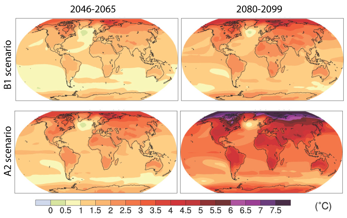 Maps of how temperatures are projected to change over the 21st century according to two scenarios.