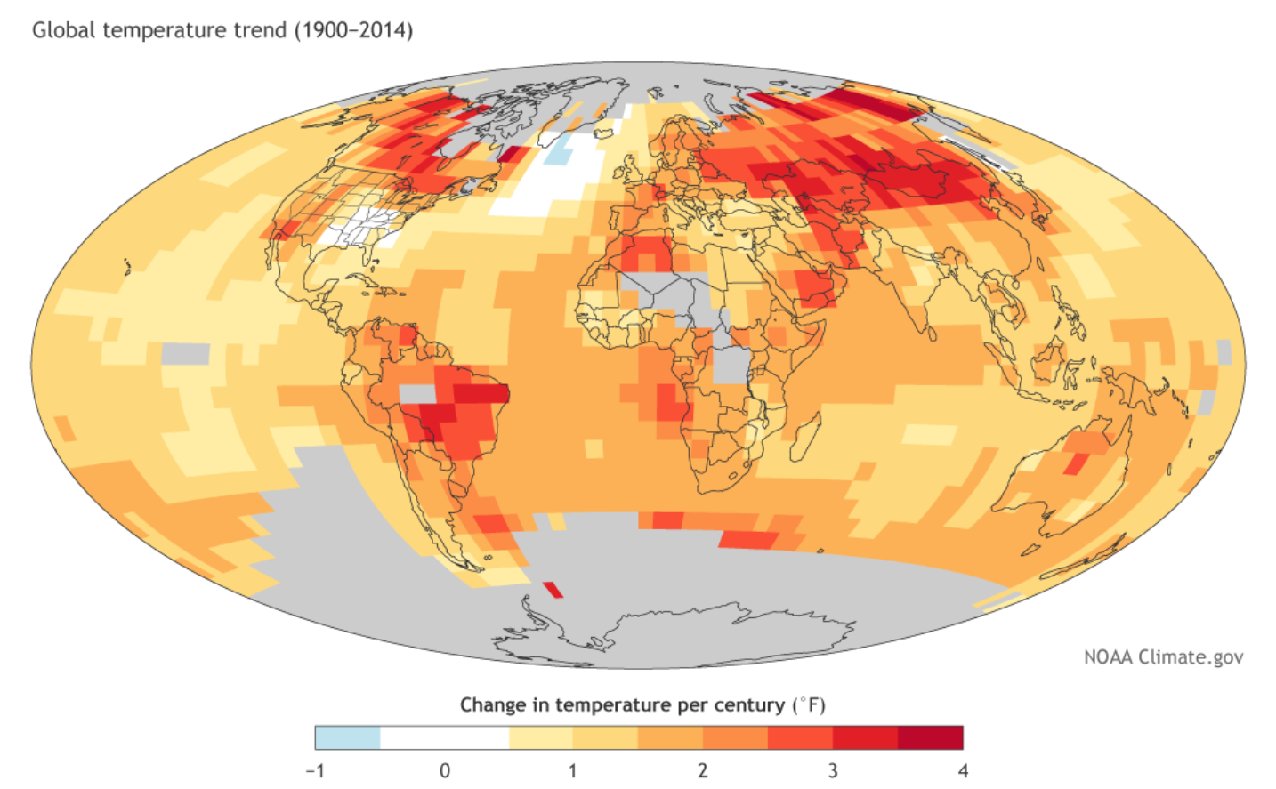 Map of the world showing the amount of climate warming over time. Land areas have has more warming than over the ocean. Areas in the far north (such as Canada, Russia) have generally warmed the most as have Mongolia, Kazakhstan, and Brazil. 
