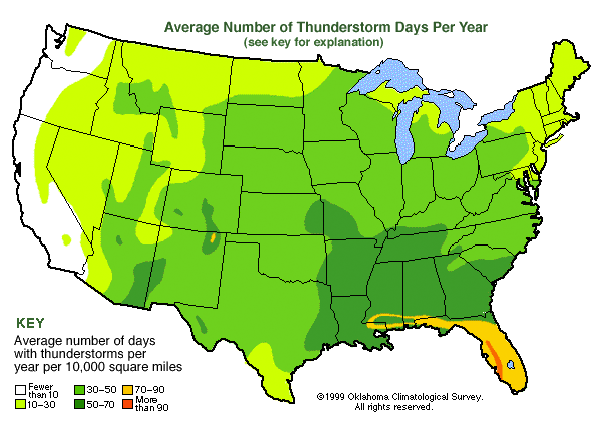Map of the United States titled Average Number of Thunderstorm Days Per Year.  According to this map, the greatest incidence of thunderstorms occurs in the southeast United States, indicating that there are 70-90 days with thunderstorms per year that occur in Florida and the southern-most portions of Alabama and Mississippi.  A stretch of Floria between Southwest Florida moving north averages more than 90 days with thunderstorms per year. 