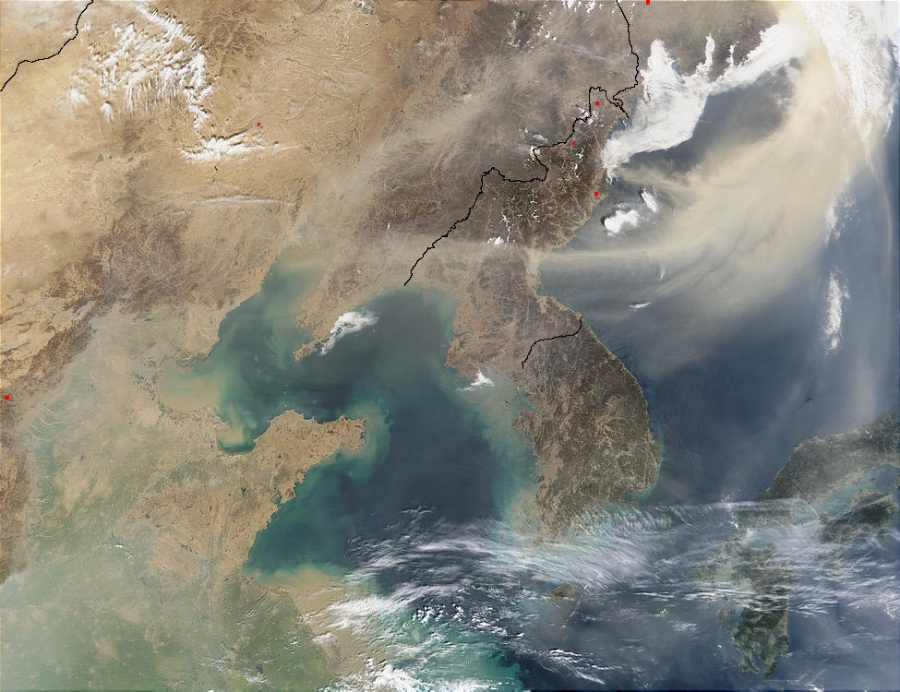 Air pollution creates harmful yellow dust storms over the Korean Peninsula.