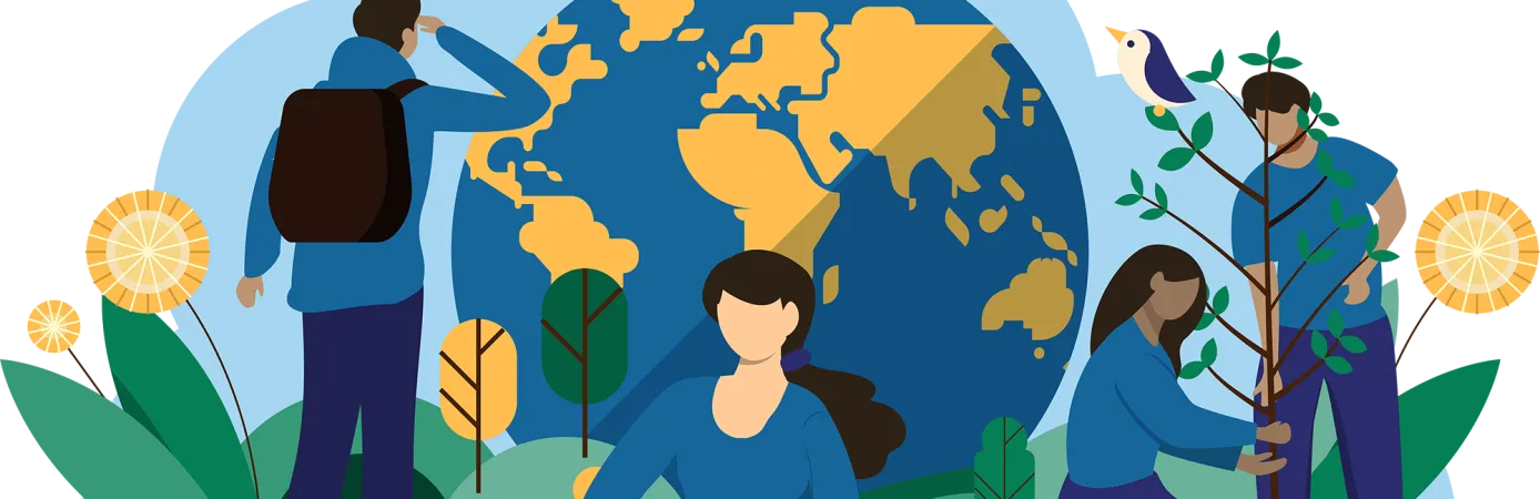 An illustration of people outdoors planting trees, writing in a journal, and on a hike with a giant Earth in the background.