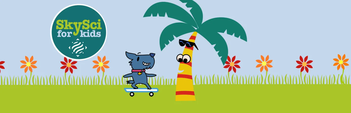 SkySci for Kids banner with Yolanda the Palm Tree and Snacks the Dog