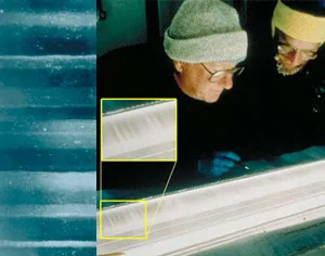 Scientists looking at an ice core. Close up on ice shows light and dark layers
