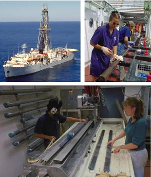 A drill rig mounted on a ship on the ocean (left), researchers looking at a rock core on the deck of the ship (right), and researchers cutting the rock core in half with a saw(lower)