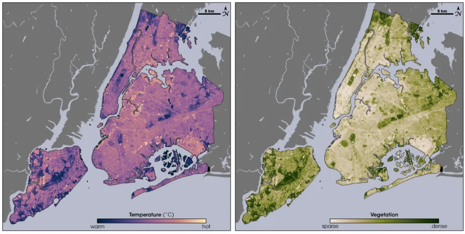 Satellite image of New York City showing temperature (left) and vegetation (right). Areas with more vegetation have a lower temperature.