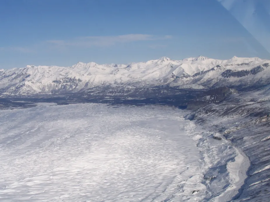 Aerial view of the Matanuska Glacier in Alaska from an airplane.