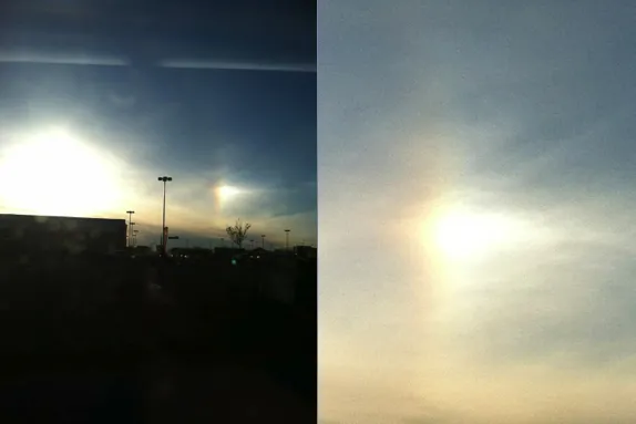 Sundog above a building (left) and in a clear sky (right)