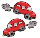 Two red cars spewing clouds of pollution from tailpipes