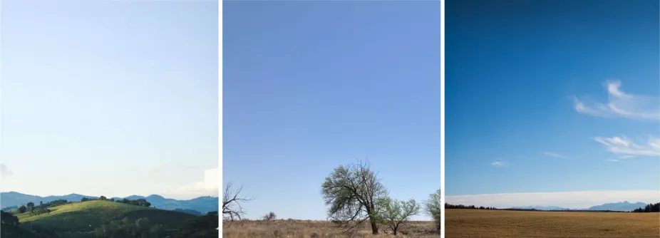 Three photos of the sky that show how its color can be pale to deeper blue