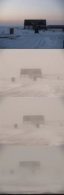 Four photos of the same location (a house in a field) with varying amounts of blowing snow. When there is a lot of blowing snow, visibility is limited.