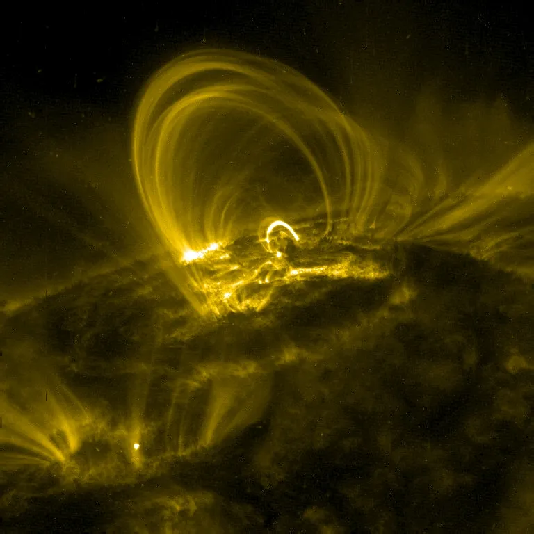 Several glowing loops of plasma extend from the surface of the Sun.