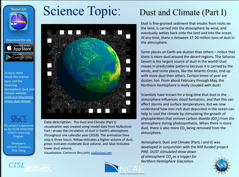 The augmented reality science sheet, with an image of dust circulating around the Earth as seen in augmented reality. Descriptive text explains the visualizations along the right side of the image.