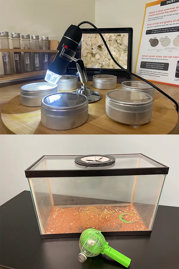 Two photos showing the materials that are part of the Dust on the Move activity. Top photo: sediment samples, digital microscope, samples in test tubes, laptop, and activity sign. bottom photo: glass tank with lid and handheld fan.
