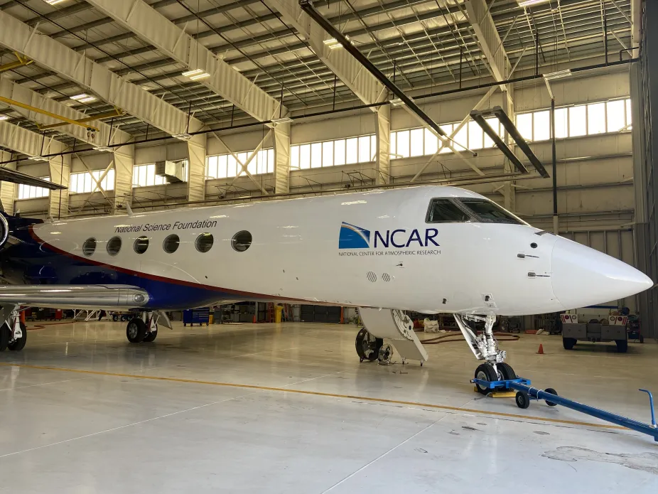 The G-V aircraft in its hanger at the NCAR Research Aviation Facility in Broomfield, Colorado