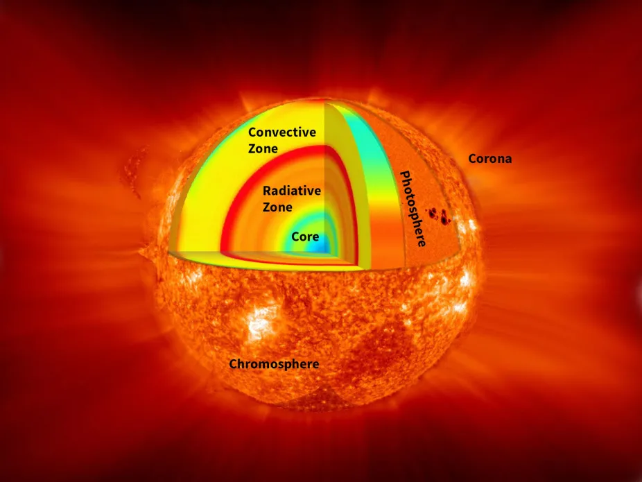 A diagram of the Sun with the upper left quadrant removed to reveal the interior layers.