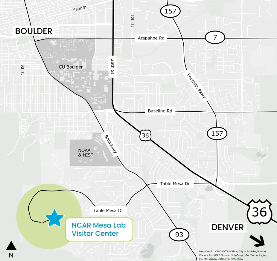A map of Boulder shows the location of the NCAR Mesa Lab Visitor Center, which is located at the westernmost end of Table Mesa Drive.