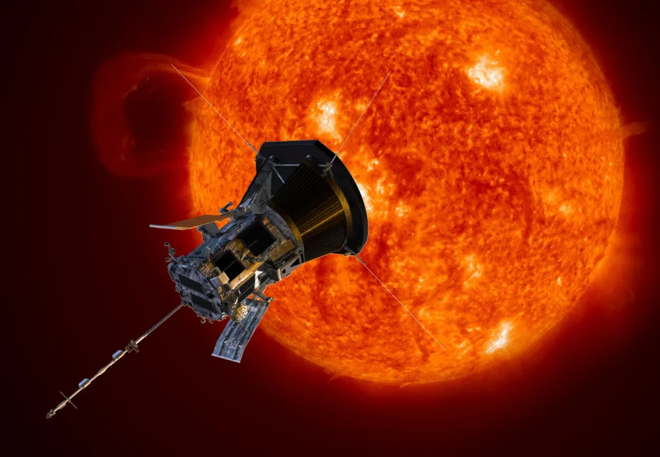 The Parker Solar Probe satellite passing in front of an active Sun.