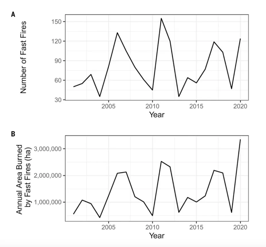 Graph showing the number of fast fires and area burned, 2001-2020