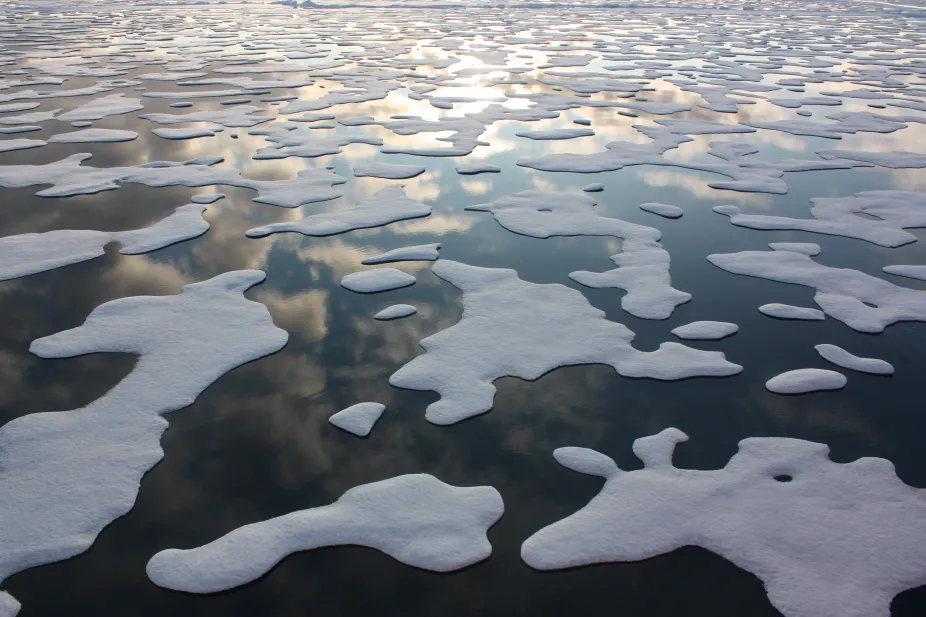 Areas of sparse sea ice in dark ocean water, reflecting the clouds overhead