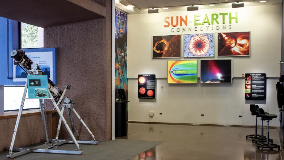 An angle of the Sun-Earth Connections Exhibit that shows many of the exhibit features.