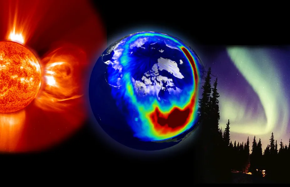 Three images: a coronal mass ejection bursting from the Sun, a glowing ring of light around the north pole as seen from space, and the glowing band lights in the night sky as seen from on the surface of the Earth.