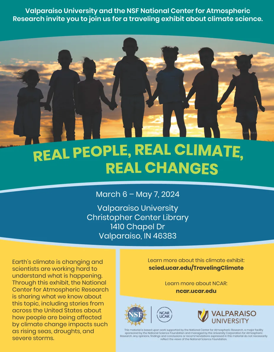 Real People, Real Climate, Real Changes marketing flyer for Valparaiso University Christopher Center Library in Indiana. Image of children back lit holding hands with details about the tour dates and location.