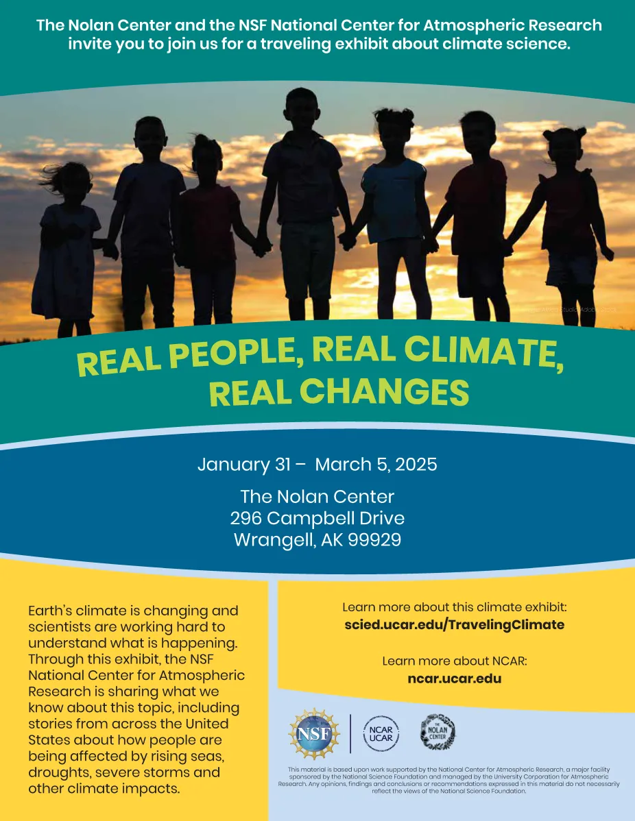 Flyer with dates the Traveling Climate exhibit will be in Wrangell, Alaska. Image of students holding hands.