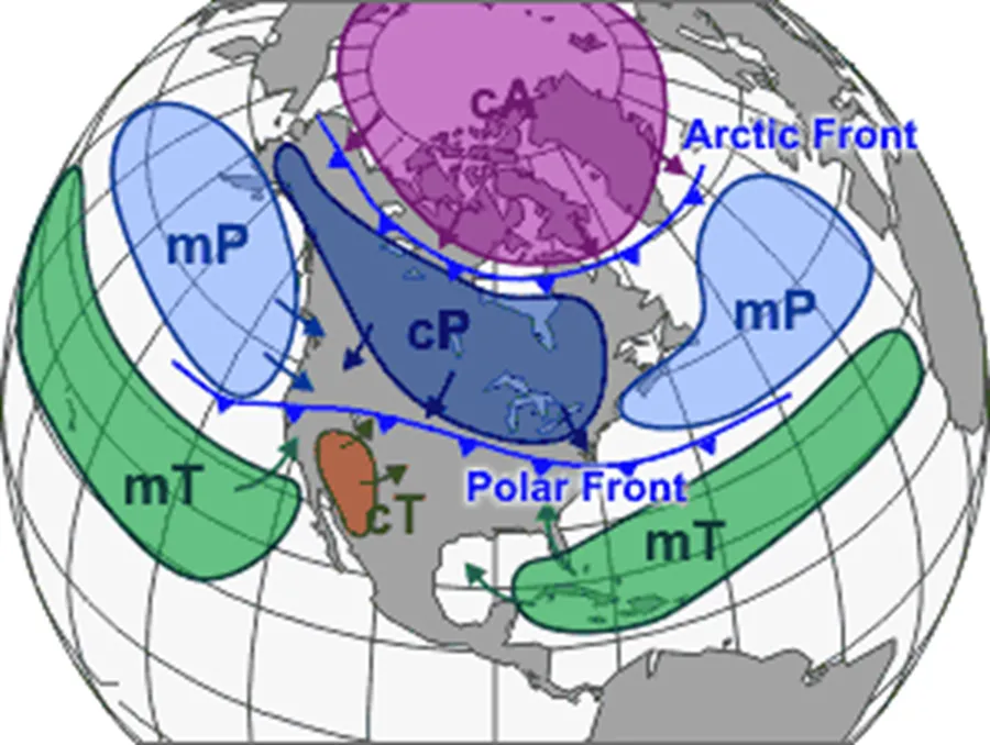 map showing the main air masses affecting the North America and their source areas