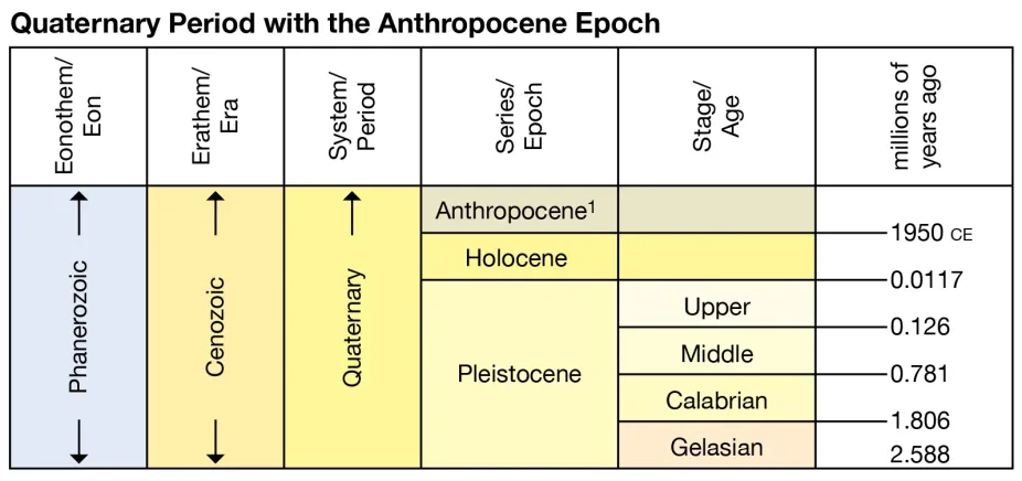 timeline showing Anthropocene as the most recent years of the Holocene geological epoch