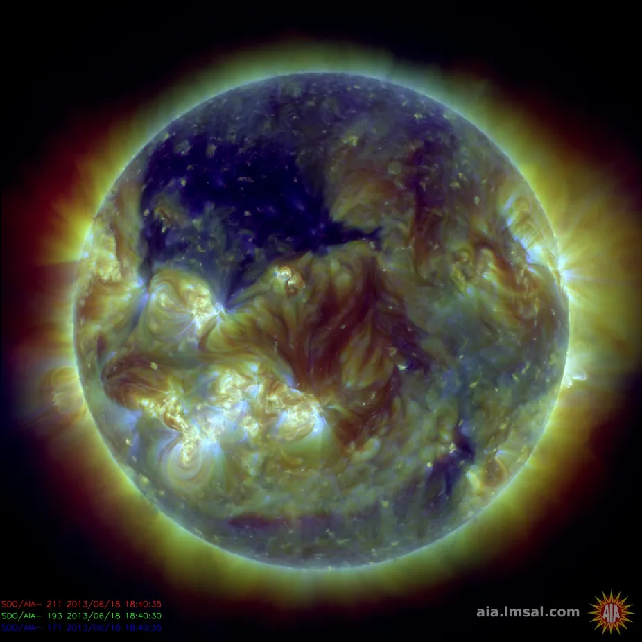 The Sun viewed through ultraviolet to reveal a large coronal hole.