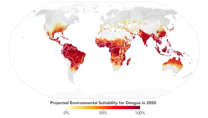 map showing expansion of habitat for mosquito carrying dengue fever