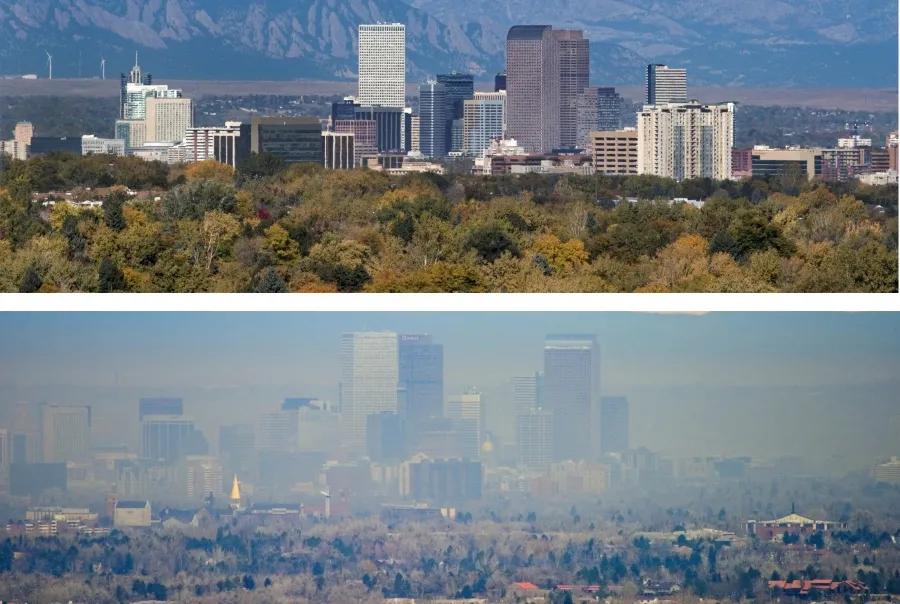 Denver, Colorado, on a day with good air quality (top) and on a day with poor air quality  (bottom).