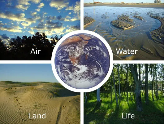 four panel image showing air, water, land, and life as parts of the Earth system