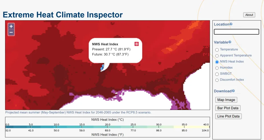 screenshot of the Extreme Heat Climate Inspector tool for exploring how heat dangers are anticipated to change in future decades