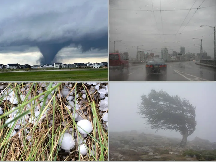 collage of photos of severe storm hazards, including a tornado, heavy rain, hail, and strong winds