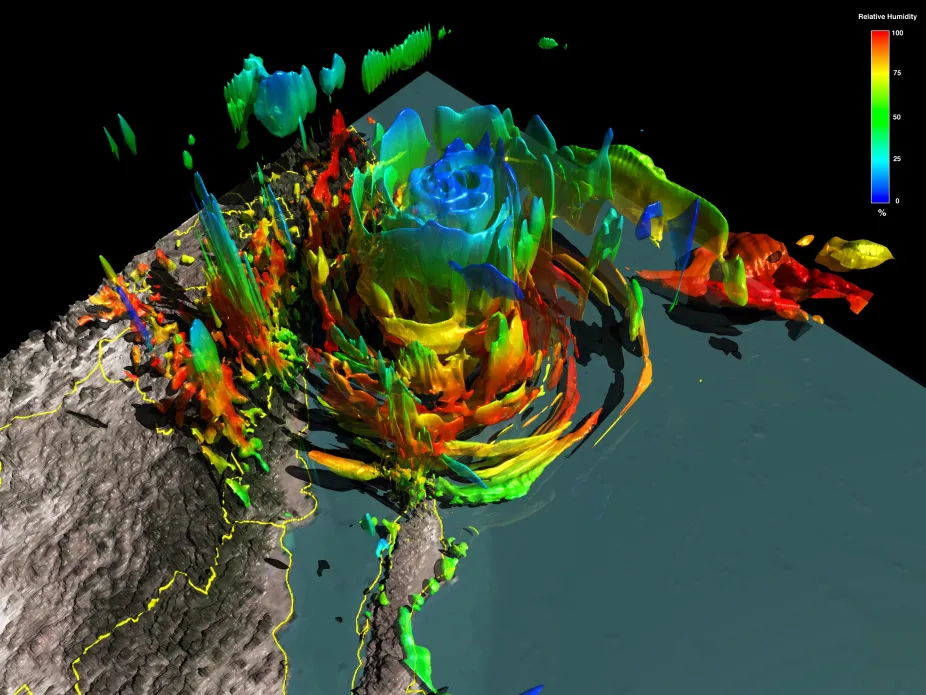 computer-generated model of Hurricane Odile as it moved ashore Mexico's Baja peninsula. The three-dimensional model shows color coded values to reveal the structure of the storm.