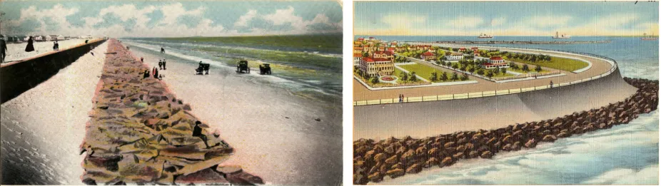 Changes to the Galveston coast after a seawall was built and the beach eroded