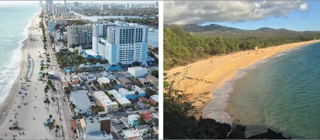 Beaches along developed coasts, like Miami Beach on the left, are more likely to be affected by coastal squeeze than beaches on undeveloped coasts, like the Maui, Hawai’i, beach on the right.