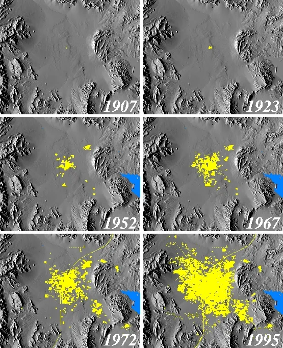 image series showing land use changes in the Las Vegas, Nevada, area from 1907 to 1995 