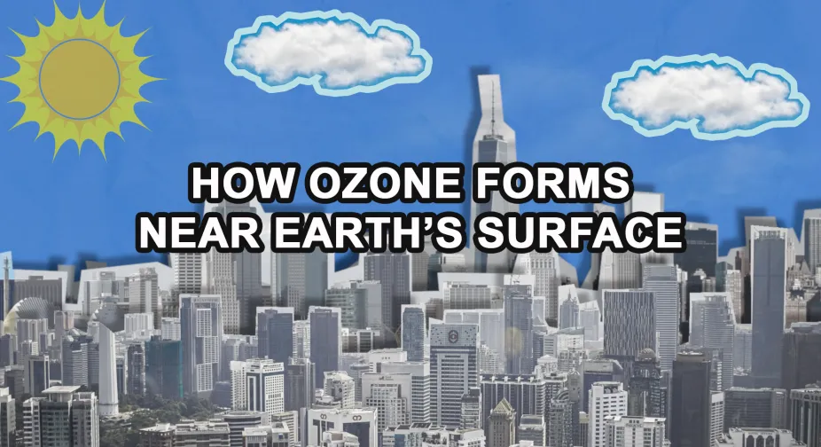 A cityscape with the Sun and clouds in the sky and the title "How Ozone Forms Near Earth's Surface."