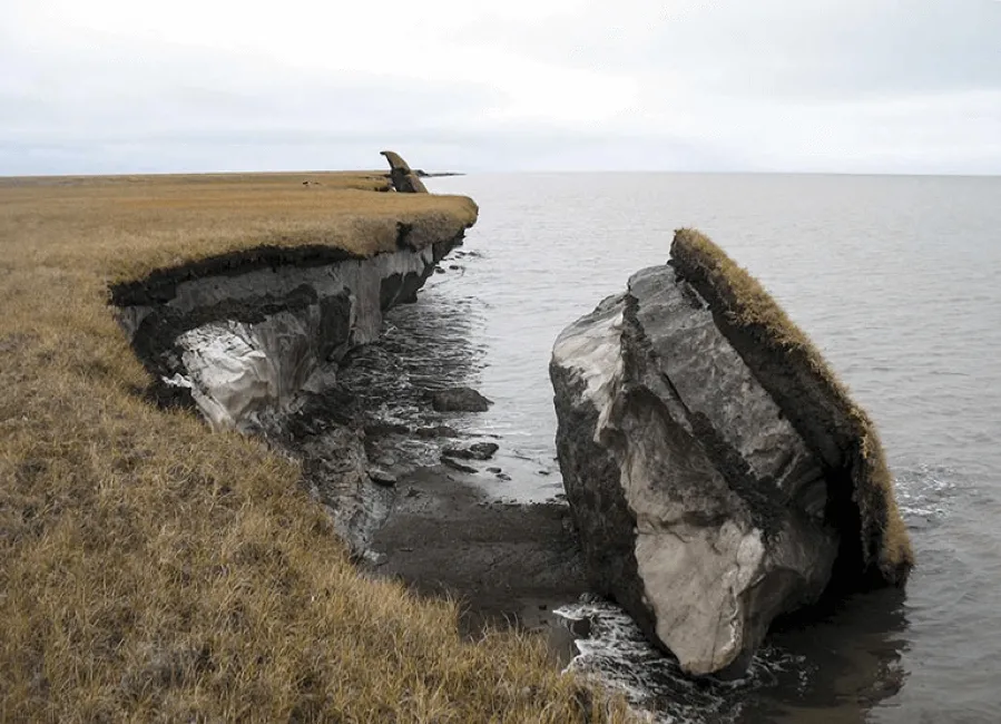 photo of permafrost showing the subsurface layer of frozen soil and ice