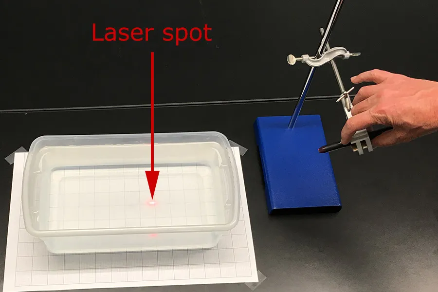 Position of laser spot with tub full of water