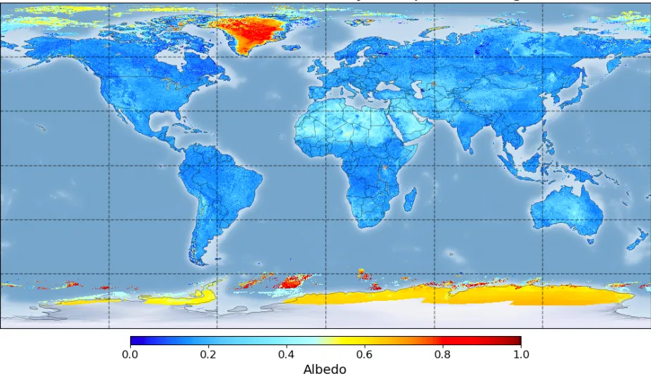 Aug 2021 daily composite map of satellite-measured albedo for global land and ice surfaces