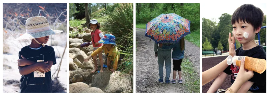 Kids being safe in the sunshine - wearing hats, long sleeves, an umbrella, and sunscreen