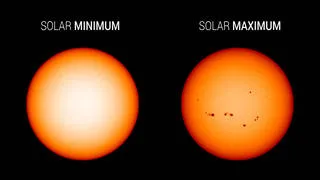 Two images of the Sun, on the left during solar minimum with no sunspots, and on the right at solar maximum with many sunspots.