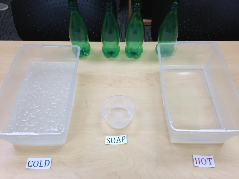 Bubble on a bottle materials, including hot and cold water, soap, and empty plastic bottles